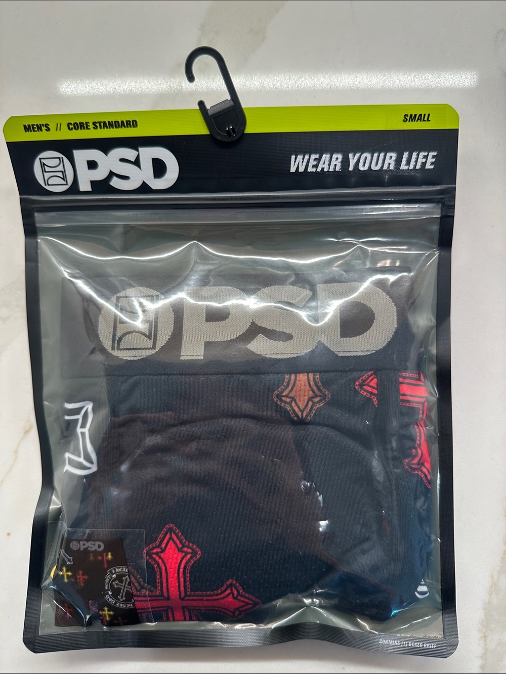PSD Black Boxer Briefs with Red Cross Graphic